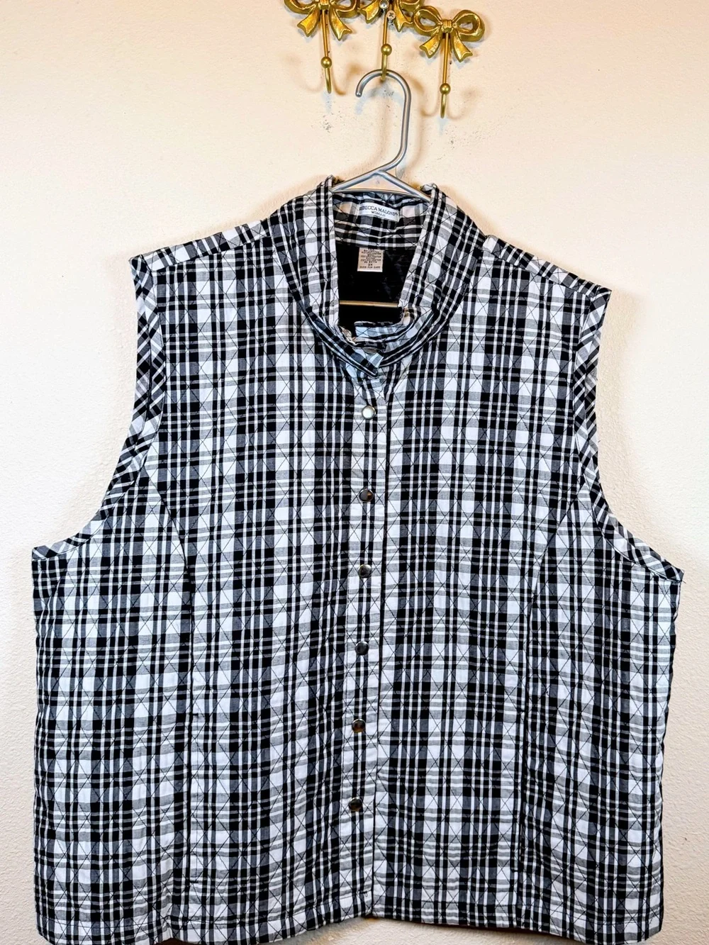 Rebecca Malone Black/White Y2K Vintage Plaid Sleeveless Snap Front Vest Size 3X